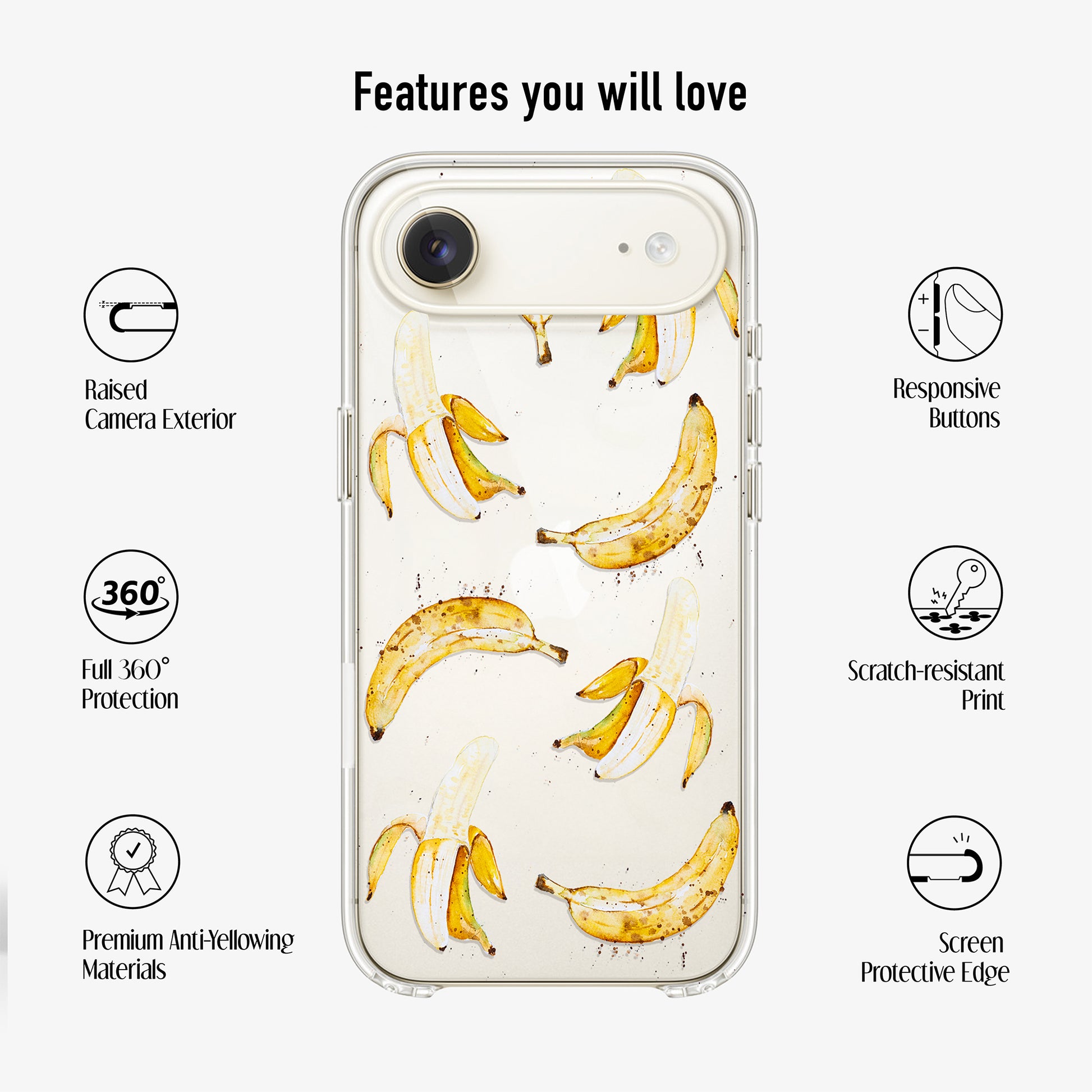 Clear Phone case with banana design showing scratch-resistant print, anti-yellowing materials and 360 protection features