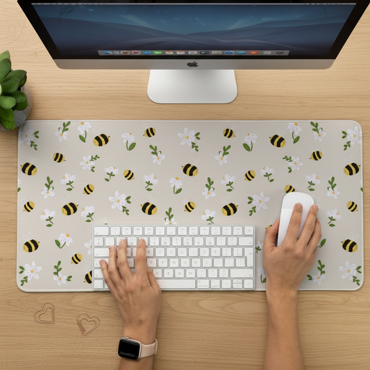 Cute bee desk mat with hand illustrated bees and flowers on a beige background for a playful but minimal desk setup