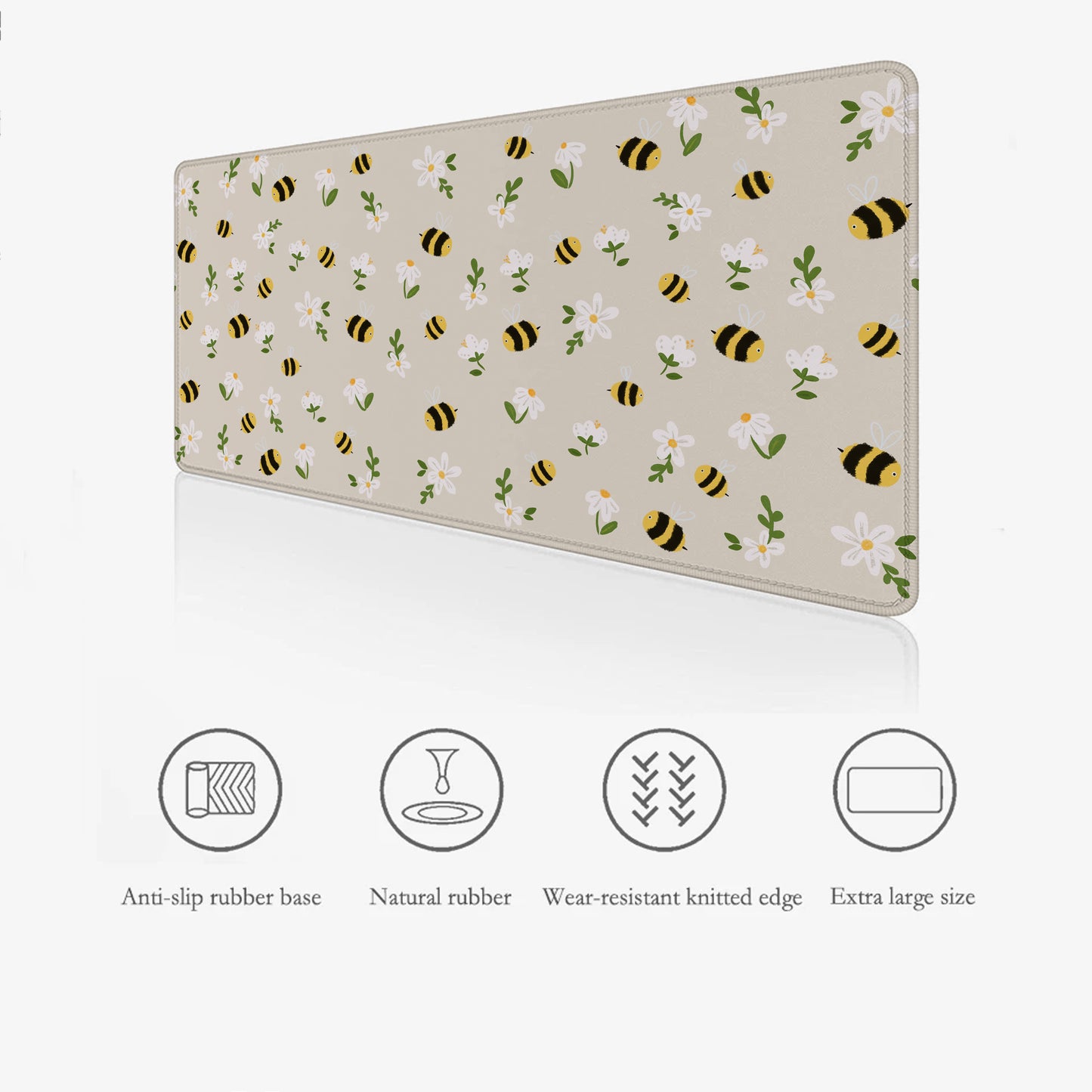 Beige mouse pad with bee and flower pattern on a beige background showing features like smooth surface and anti-slip base