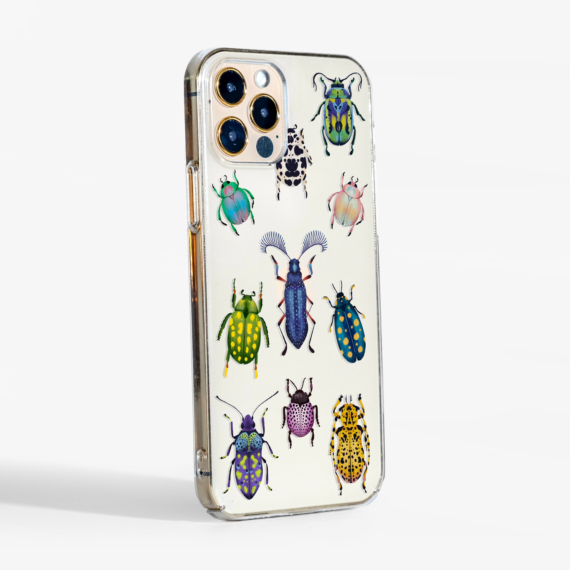 Clear phone case with colourful watercolour beetles and transparent sides — slim, protective design printed with durable UV inks for scratch resistance and longlasting protection 