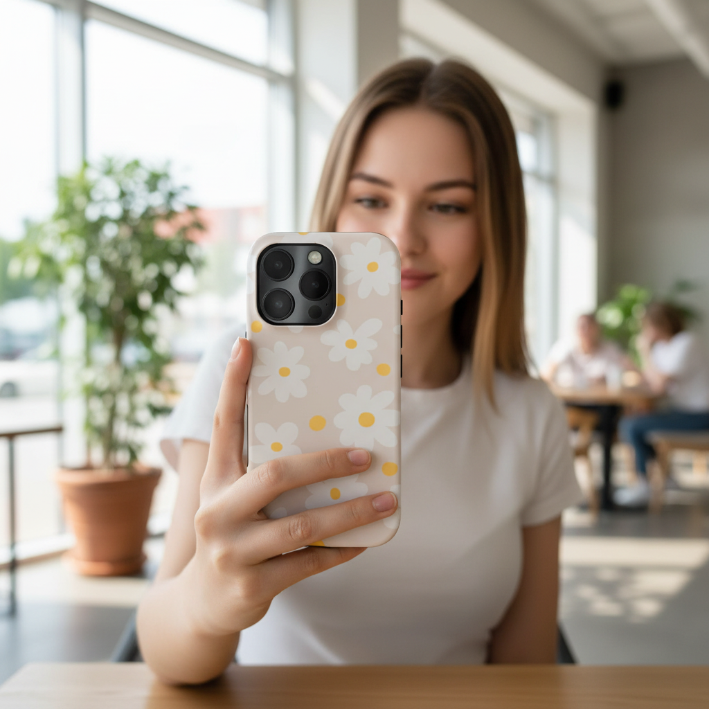 Woman holding a phone with a floral case shwoing it in everyday use