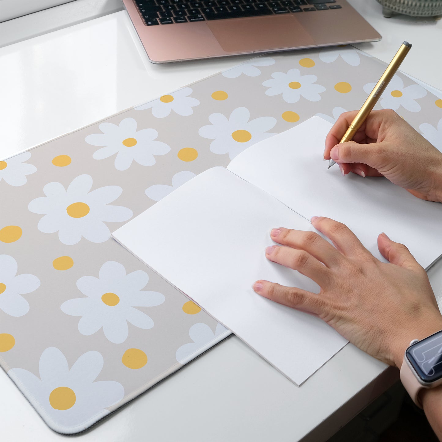 Large floral Desk mat with daisy flowers on a beige bacjground providing soft non slip surface 