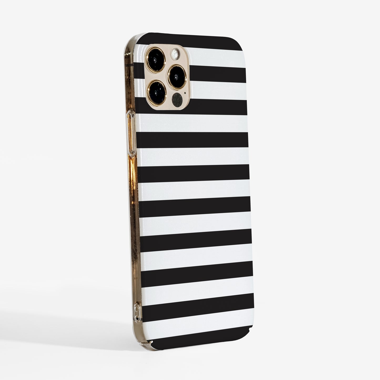 Side view of  black and white striped phone case showing leightweight yet durable protection and smooth, high-quality finish with clear sides for a modern look