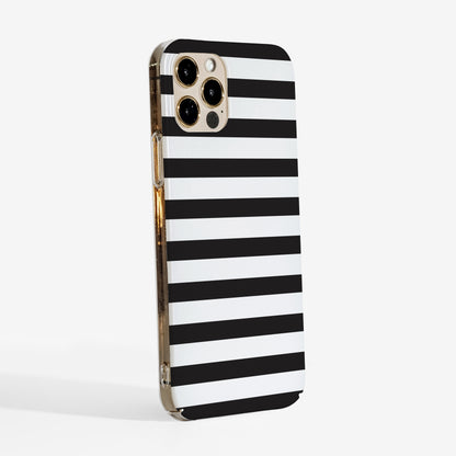 Side view of  black and white striped phone case showing leightweight yet durable protection and smooth, high-quality finish with clear sides for a modern look