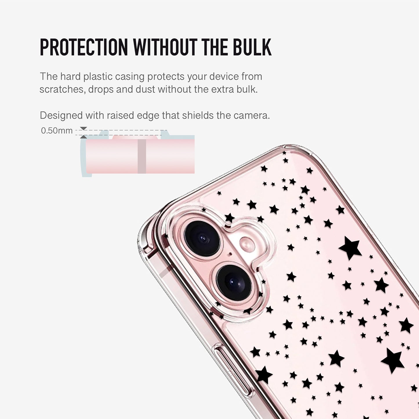 Stars phone case designed with raised camera edge.