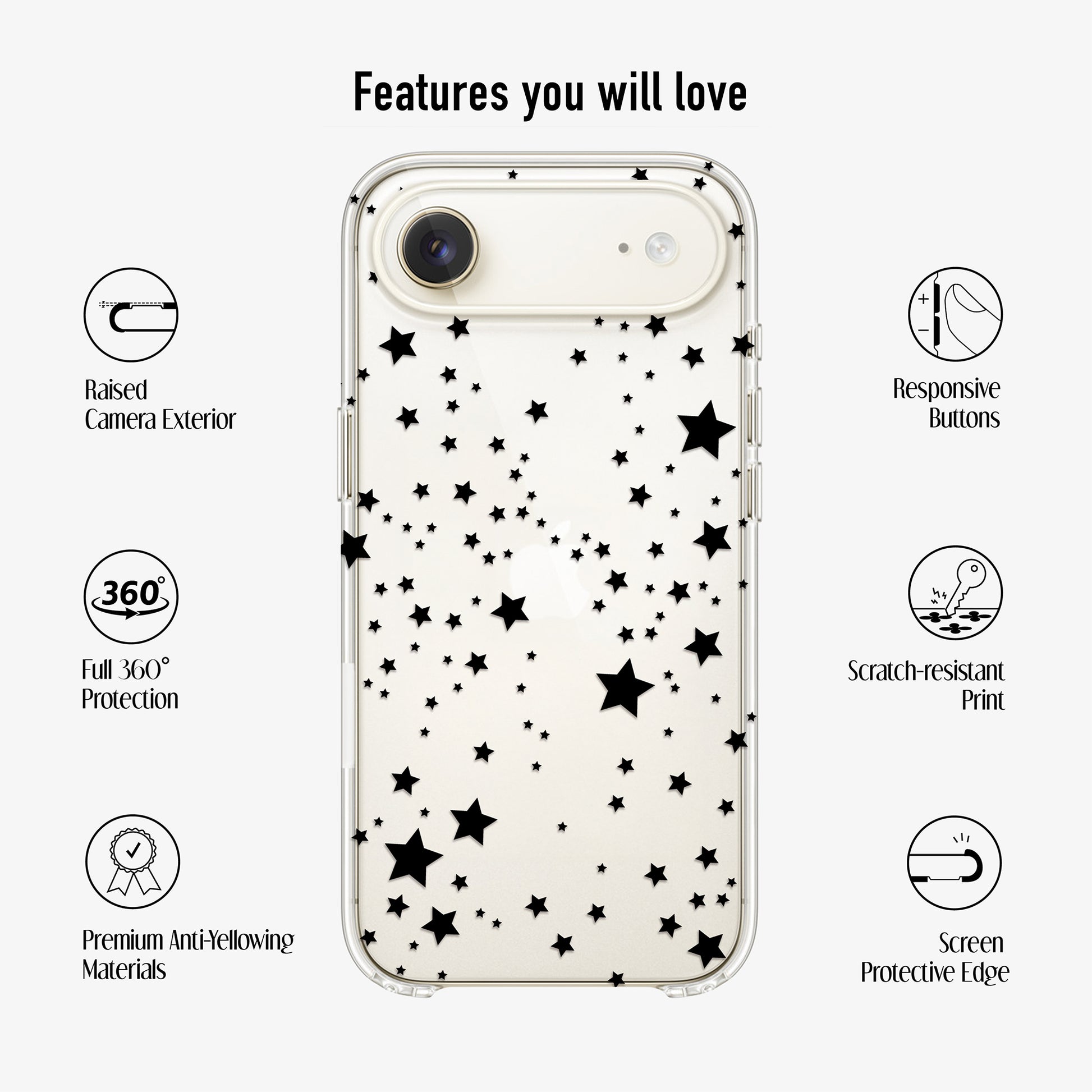 Black stars clear phone case showing features like scratch-resistant print, anti-yellowing material and 360 protection