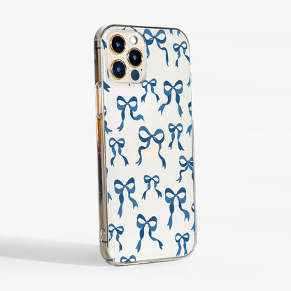 Clear Blue Bow phone case showing transparent sides and slim build 