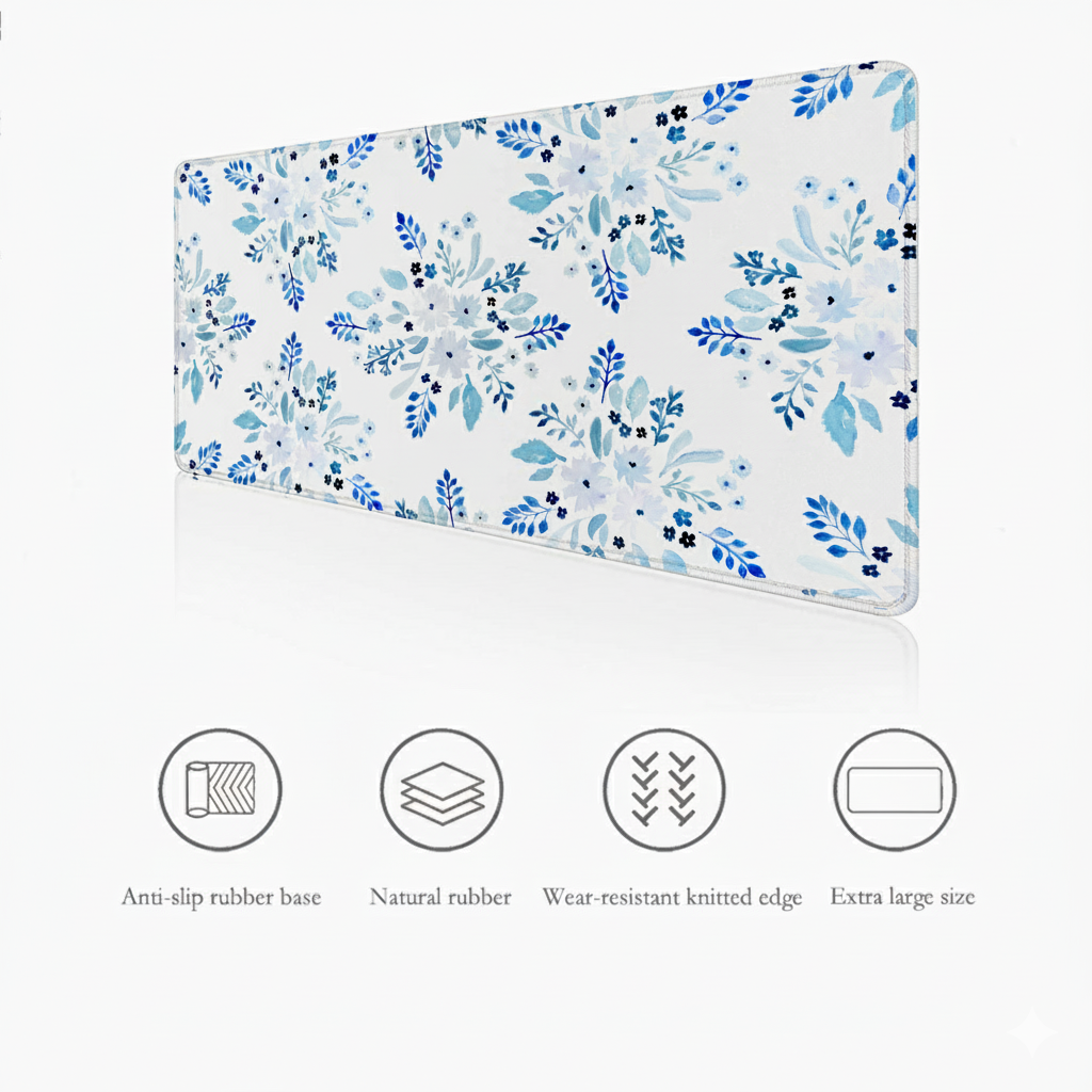 Blue floral desk mat with features icons highlighting smooth surfice, stitched edges and non-slip rubber base