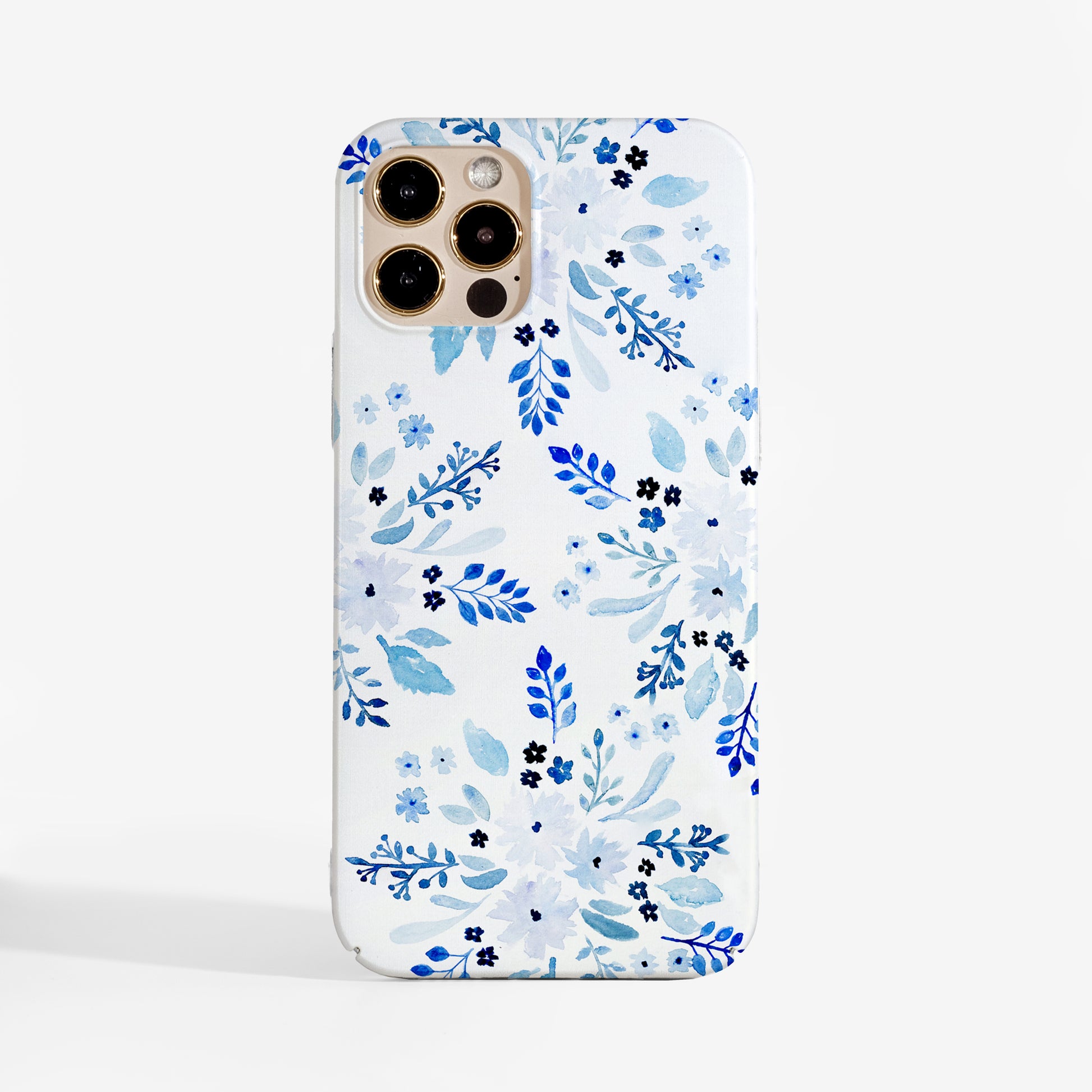 Blue floral designer phone case — protective, matte finish case featuring hand-painted watercolour blue flowers.