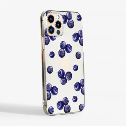 Side view showing sleek fit of the blueberry design clear protective phone case with transparent sides for minimal look 