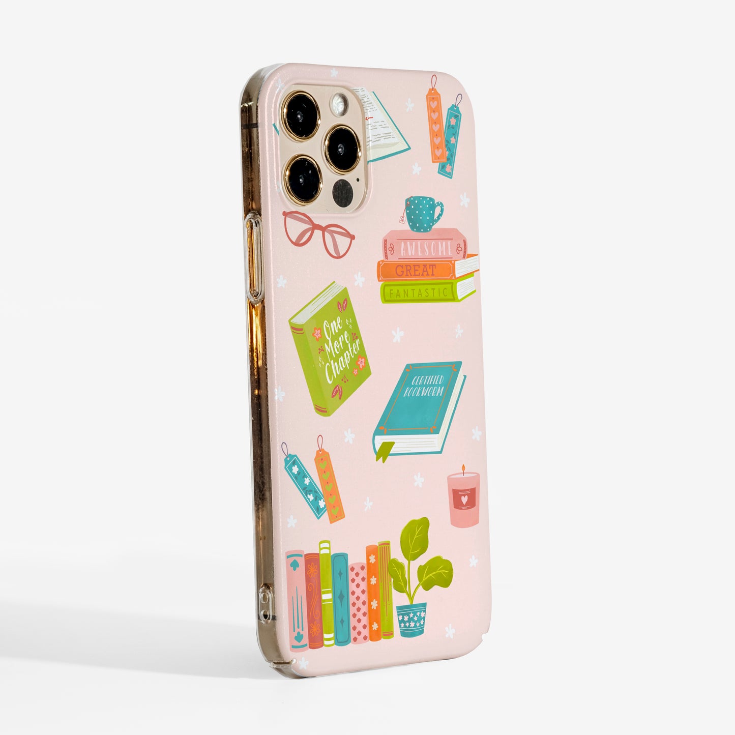 Side profile showing smooth texture and protective fit of the Book Lover pink phone case with clear sides.