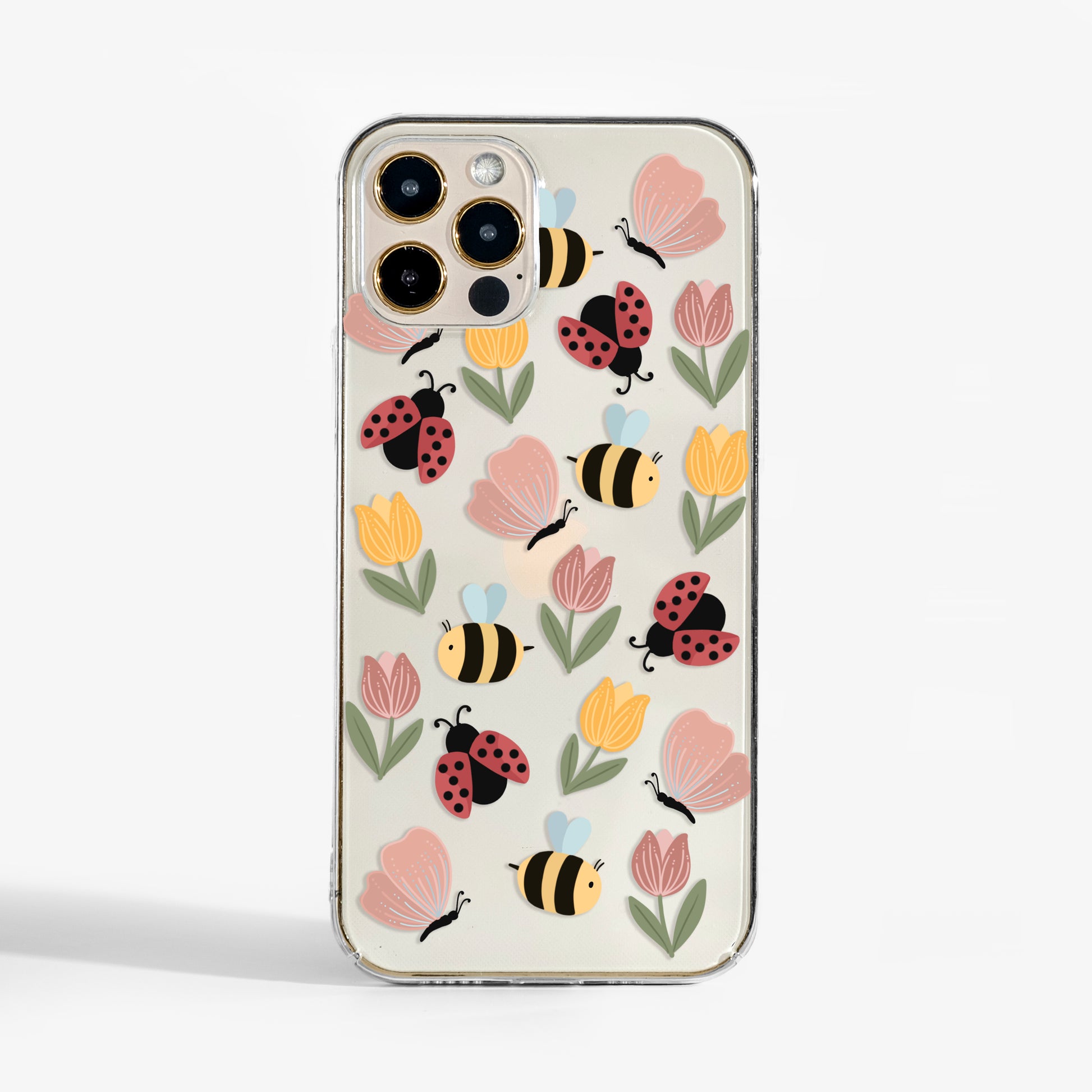 Clear phone case with fun bug design — art phone case featuring colourful bees, butterflies and ladybirds