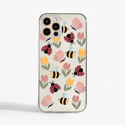 Clear phone case with fun bug design — art phone case featuring colourful bees, butterflies and ladybirds