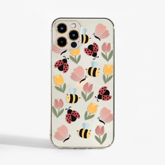 Clear phone case with fun bug design — art phone case featuring colourful bees, butterflies and ladybirds