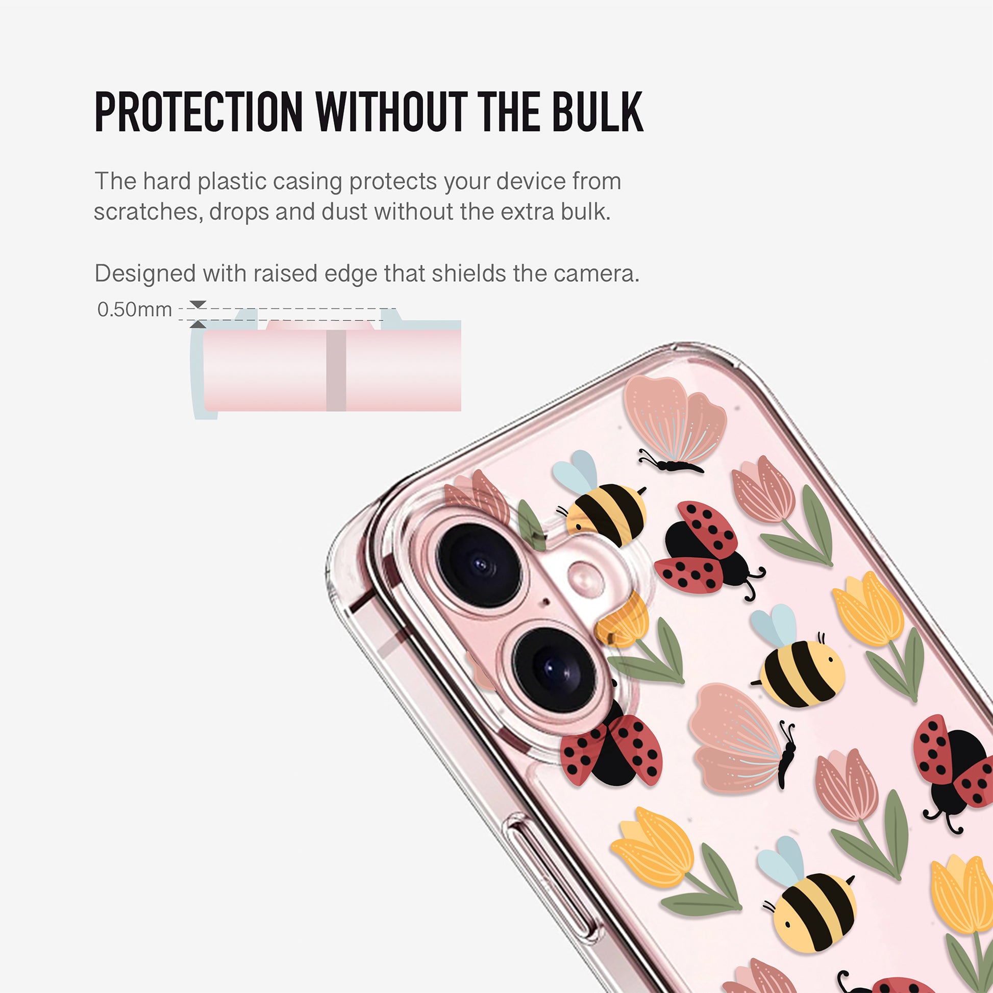 bugs clear phone case showing raised camrea edge for extra protection 