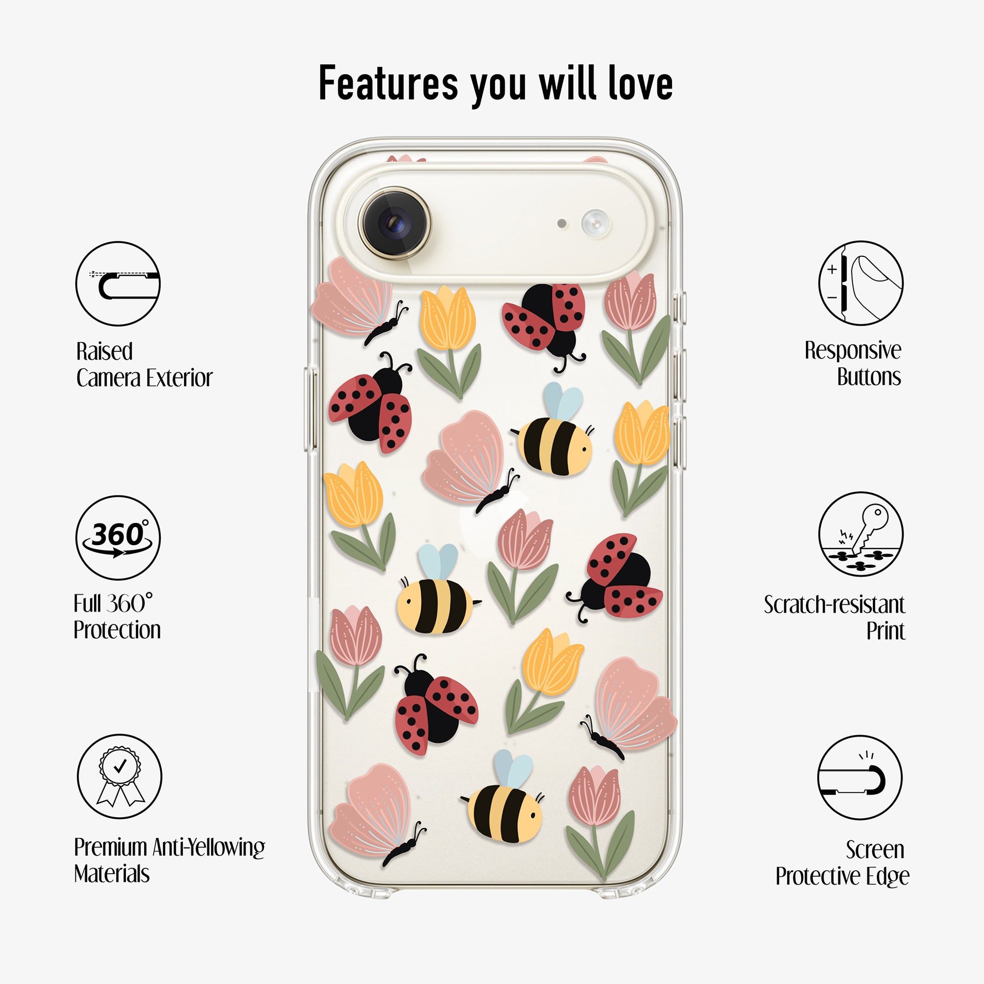 bugs clear phone case showing features like scratch-resistant print, anti-ellowing materials and 360 protection