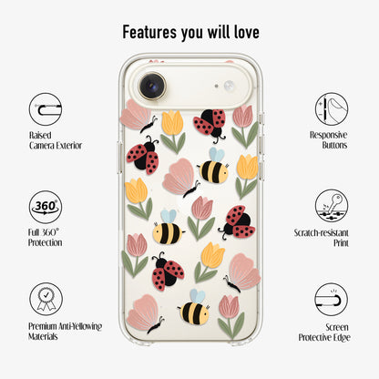 bugs clear phone case showing features like scratch-resistant print, anti-ellowing materials and 360 protection