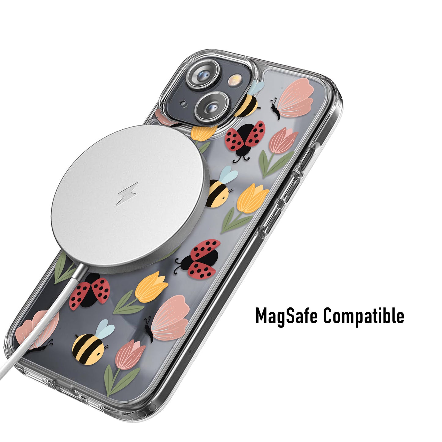 Phone case with floral and insect design and MagSafe compatibility indicator on a white background