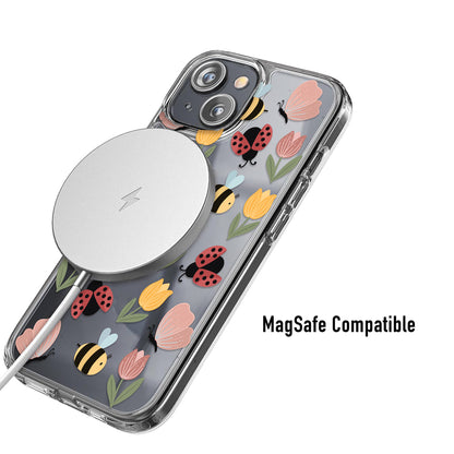 Phone case with floral and insect design and MagSafe compatibility indicator on a white background