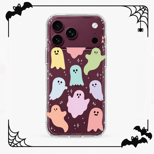 Rainbow Ghosts clear phone case with colourful pastel ghost artwork on burgundy iPhone, framed with black Halloween bats and spiderwebs