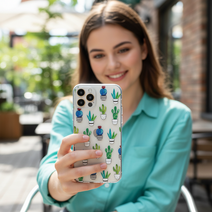 Woman taking selfie with clear cactus phone case -aesthetic everyday style