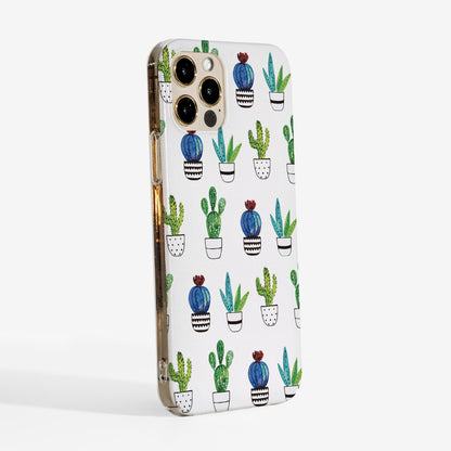 Side view showing matte finish, clear sides and slim protective fit of the cactus phone case.