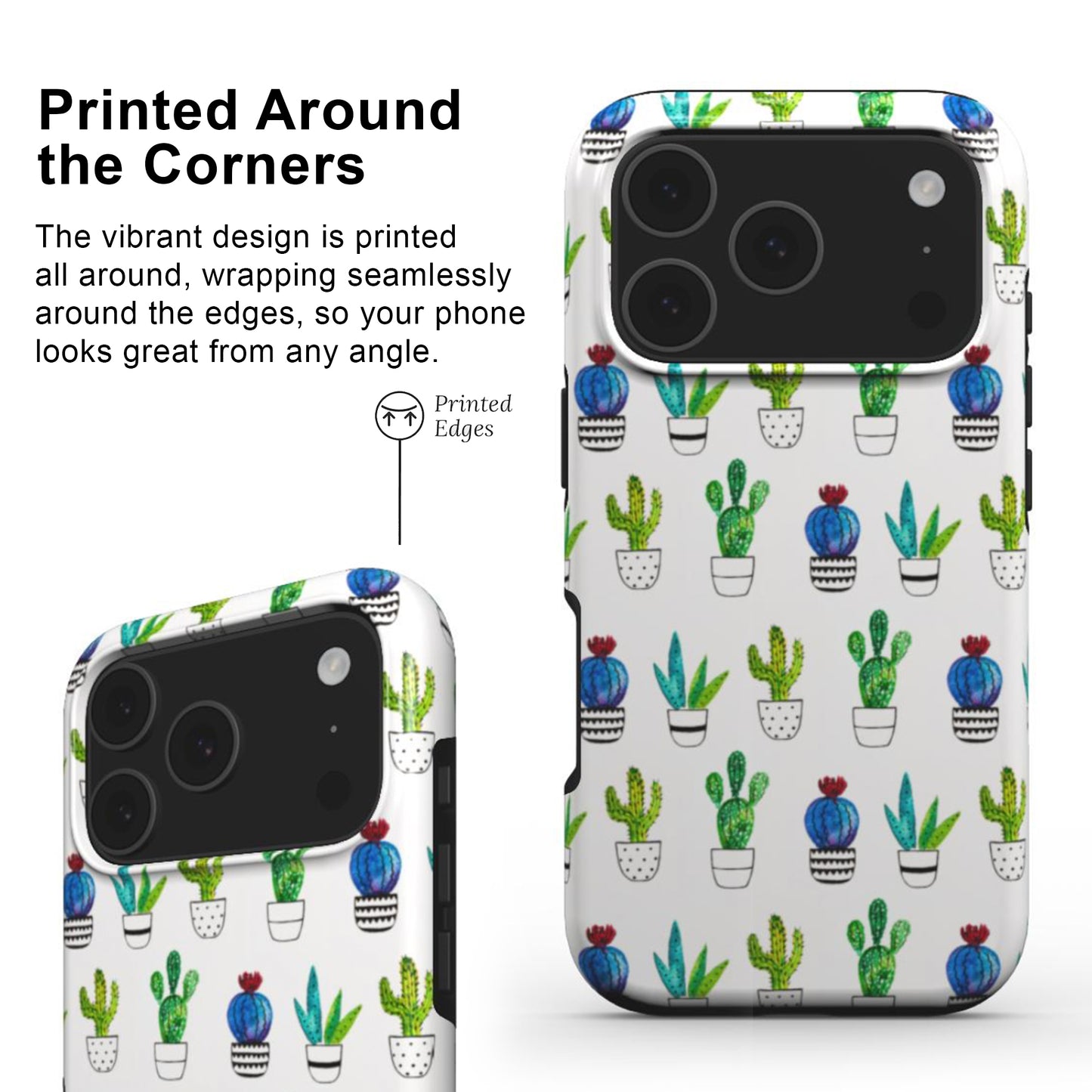Phone case with watercolour cactus design showing edge-to-edge print