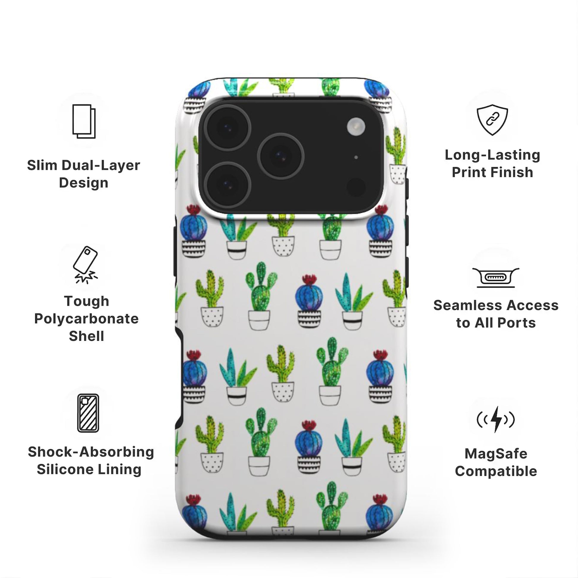 Cactus Tough Phone Case showing features like dual-layer protection, Scratch-resistant print and easy access to all ports