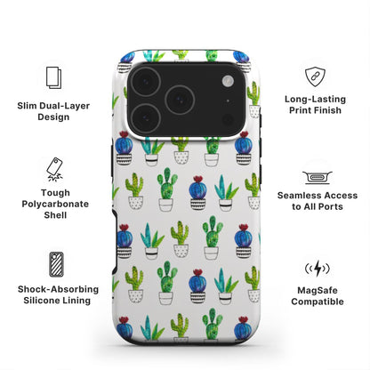 Cactus Tough Phone Case showing features like dual-layer protection, Scratch-resistant print and easy access to all ports