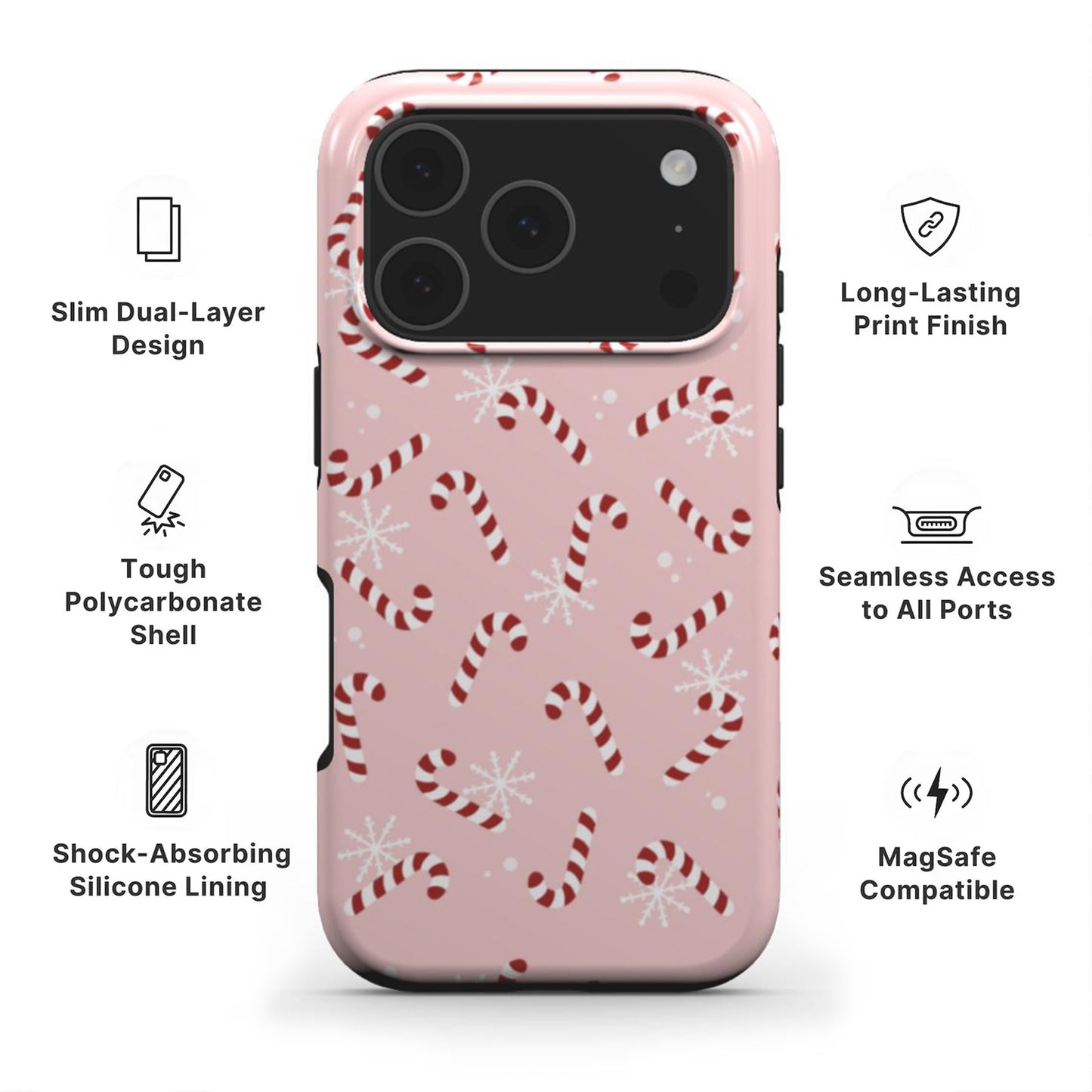 candy cane tough phone case showing features like dual layer protection, long-lasting print and easy access to all ports