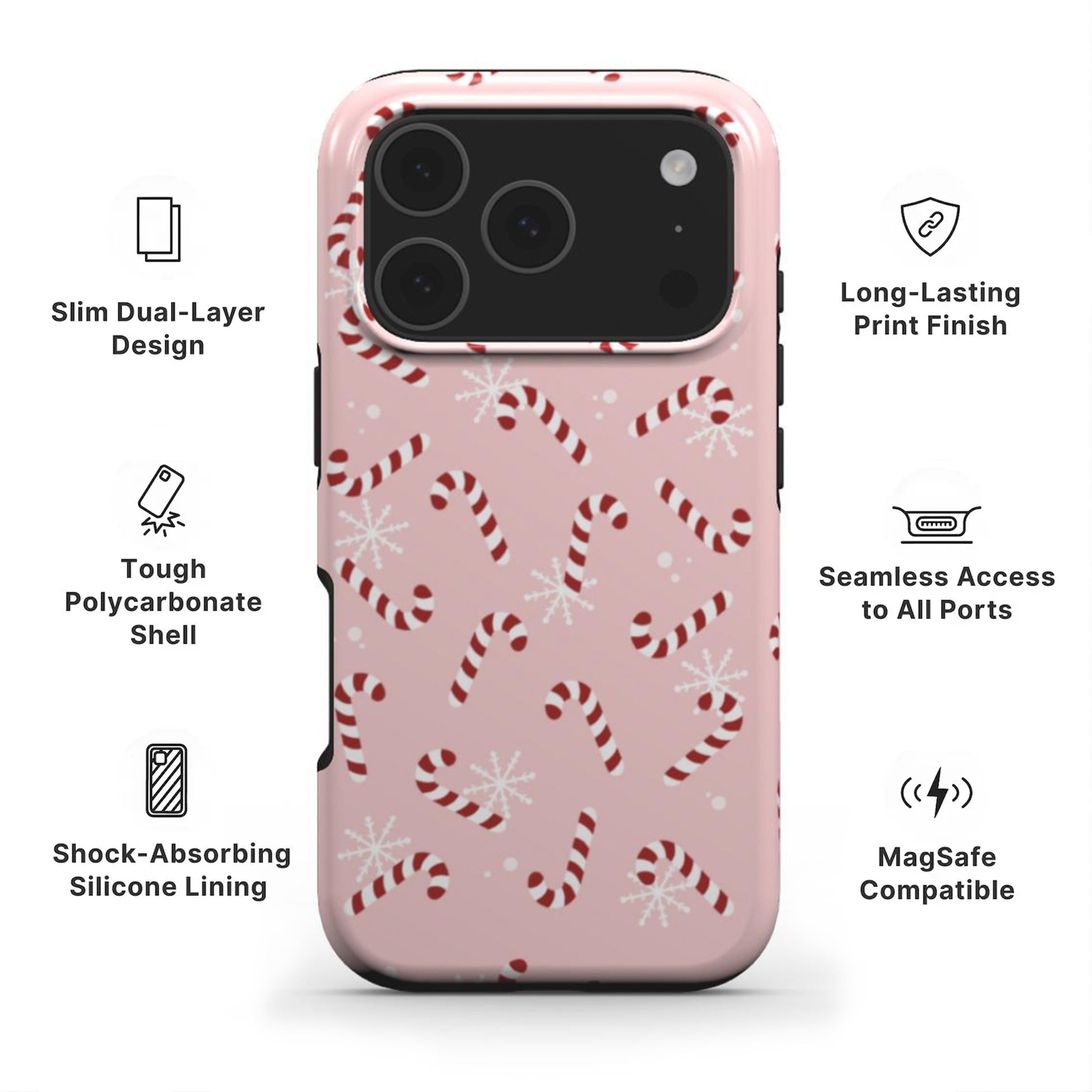 candy cane tough phone case showing features like dual layer protection, long-lasting print and easy access to all ports