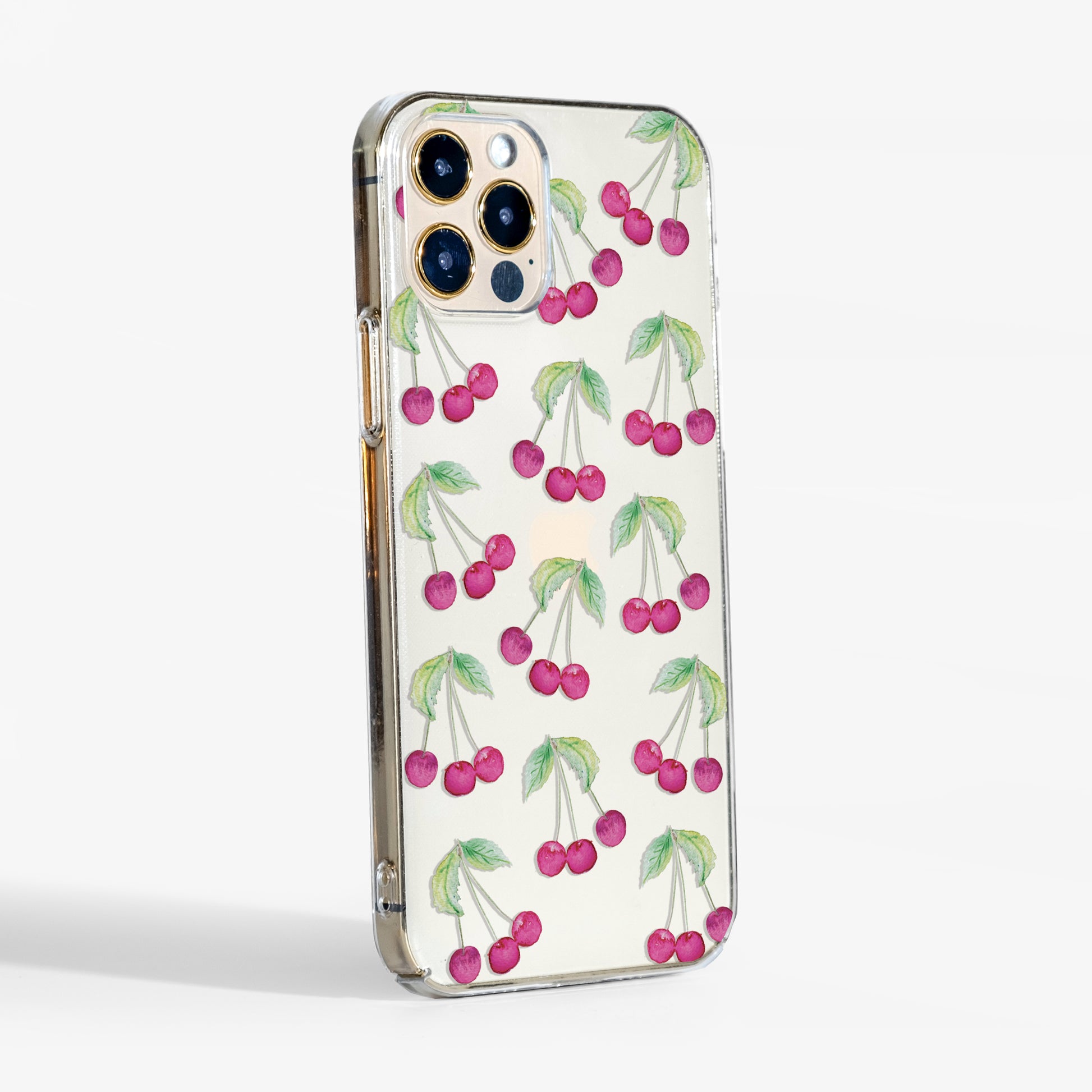 Side angle showing clear sides and slim build of the cherries clear phone case
