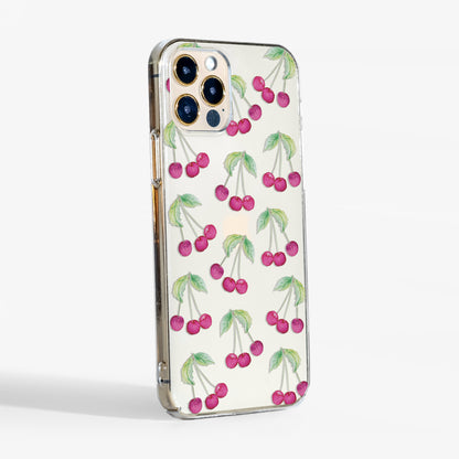 Side angle showing clear sides and slim build of the cherries clear phone case