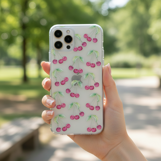 Clear Phone case with cherry pattern held in a hand outdoors showing it in real life