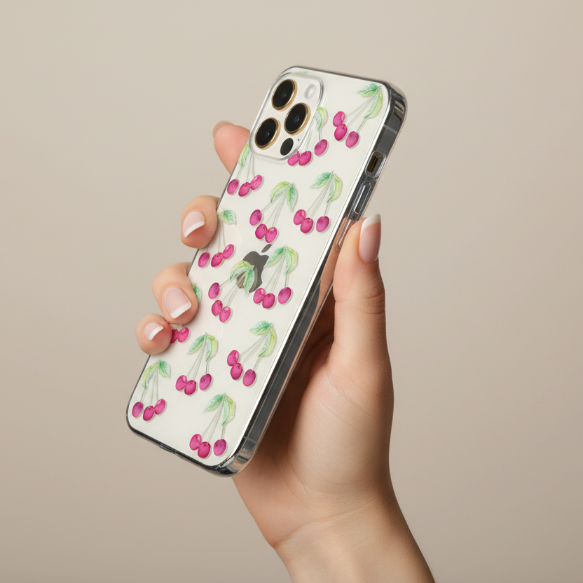 Phone case with cherry design held by a hand shwoing the clear sides and responsive buttons