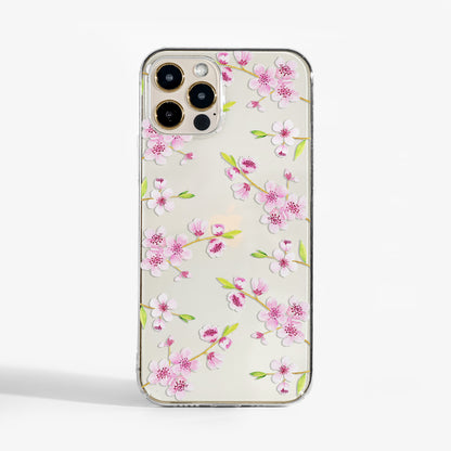 Clear phone case with cherry blossom design — soft floral art print for iPhone, Samsung, and Google Pixel.
