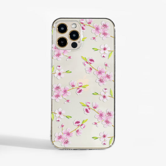 Clear phone case with cherry blossom design — soft floral art print for iPhone, Samsung, and Google Pixel.