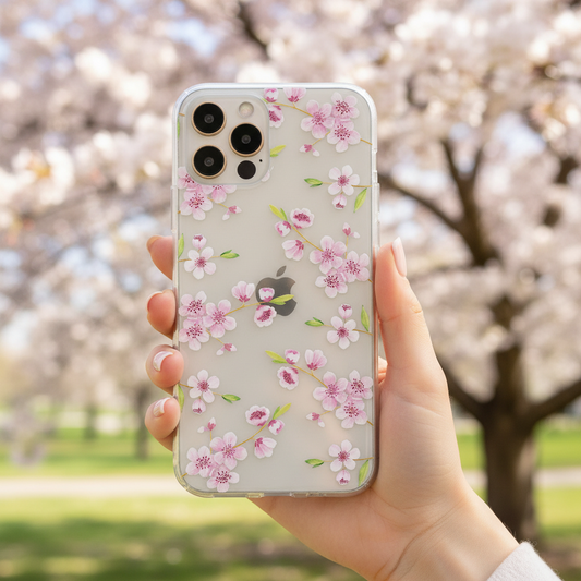 clear Phone case with cherry blossom design held in front of a cherry blossom tree