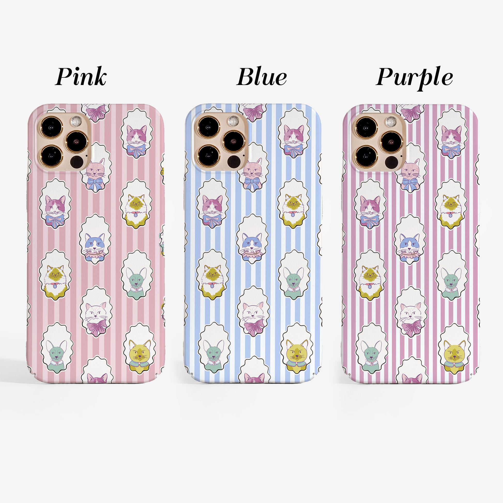 Cute Cats phone cases side by side showing the three  colour options 'Pink', 'Blue', and 'Purple'. Each case has a vertical stripe pattern with cute pastel cartoon cat faces and fluffy white cloud-like shapes.