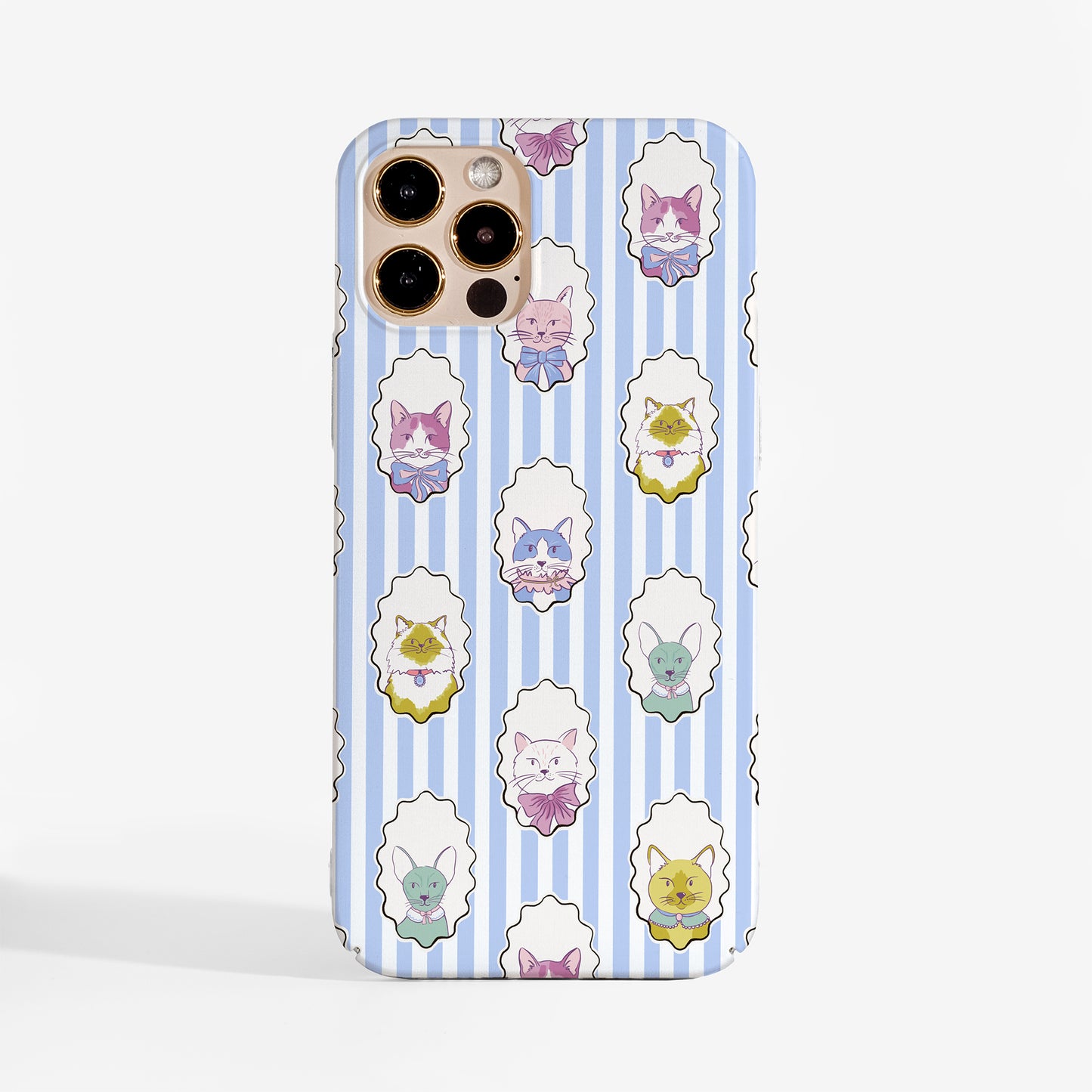 A protective phone case with a light blue and white vertical stripe pattern, decorated with cute pastel-colored cartoon cat illustrations inside white cloud-like frames.