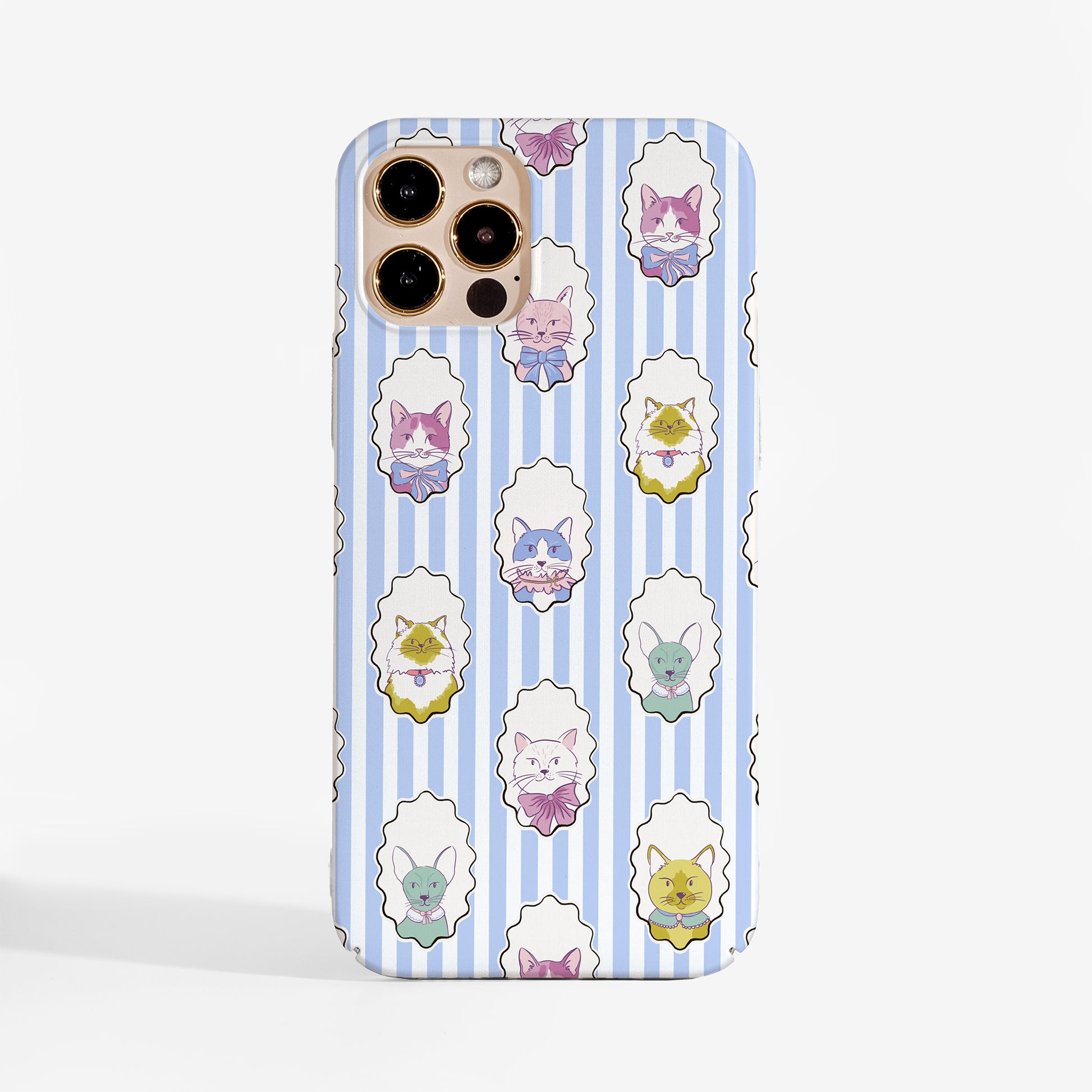 A protective phone case with a light blue and white vertical stripe pattern, decorated with cute pastel-colored cartoon cat illustrations inside white cloud-like frames.