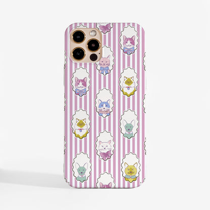 A protective phone case with a purple and white vertical stripe pattern, decorated with cute pastel-colored cartoon cats inside white  frames.
