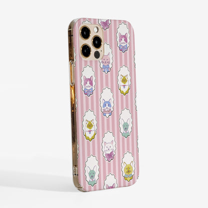 Side view of an aesthetic cat phone case with original Chic Cats artwork showing clear sides