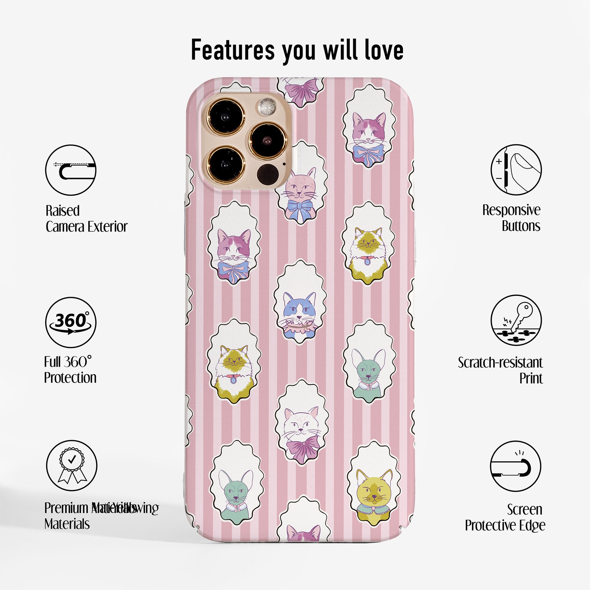 Cute cat phone case with features such as raised camera edges, responsive buttons, scratch-resistant print and 360 protection