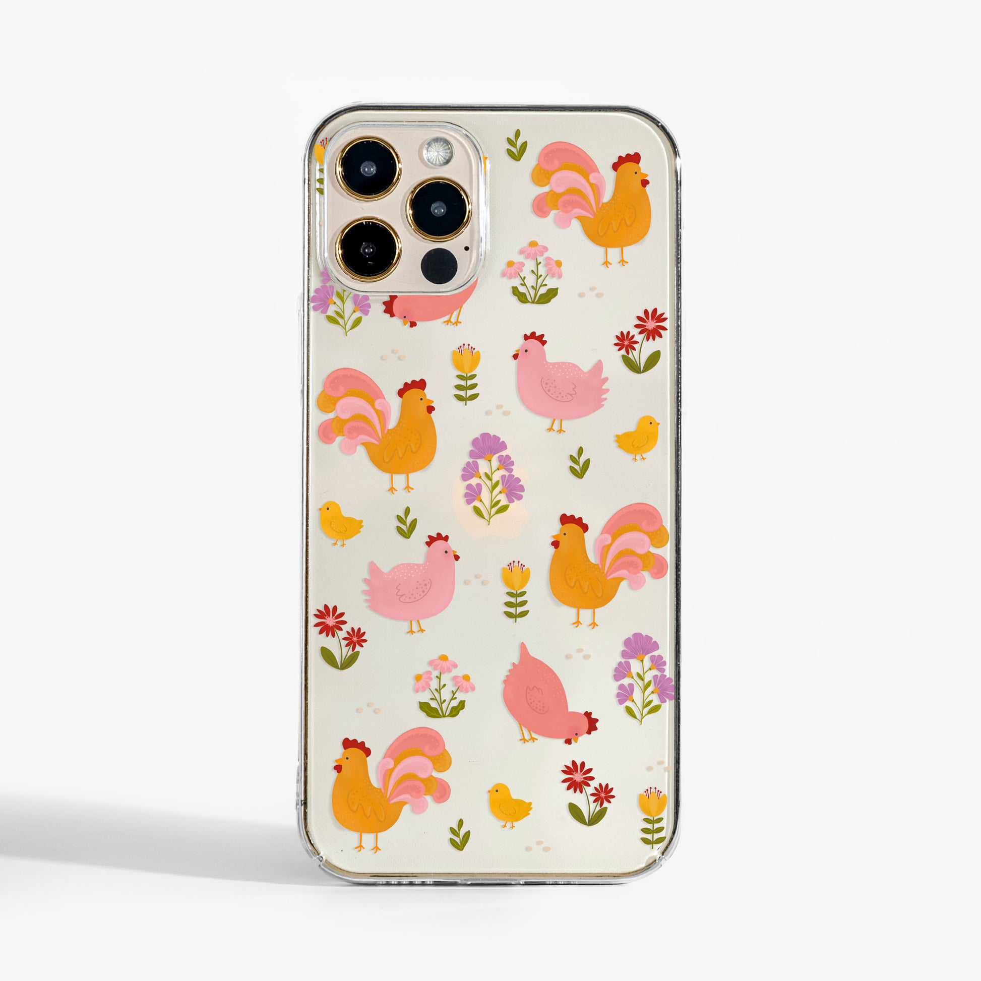 Clear phone case with chicken design — fun, farmhouse-inspired art phone case for iPhone and Samsung.