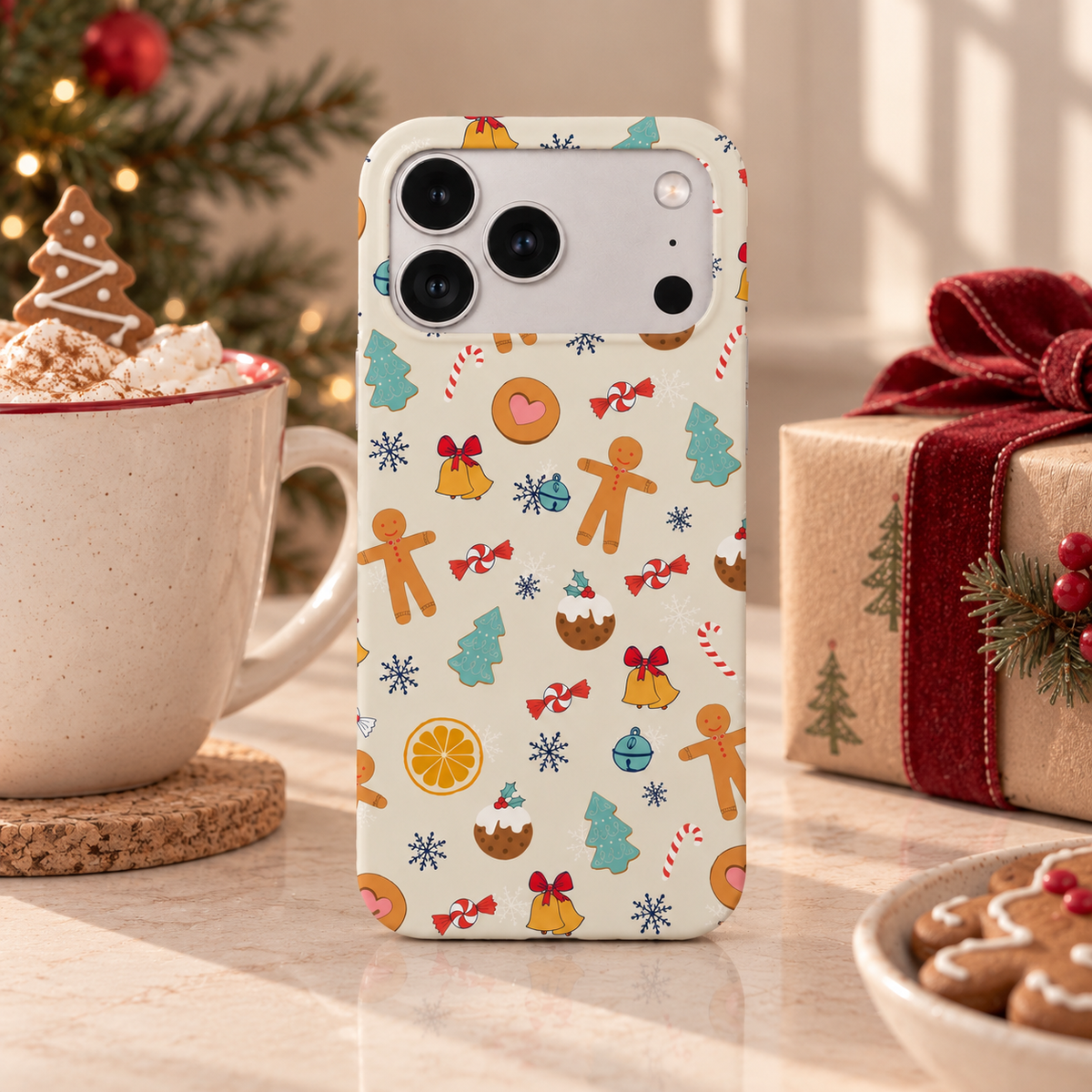Christmas Treat phone case with hand-drawn gingerbread men, Christmas puddings, candy canes and festive illustrations on a cream background.