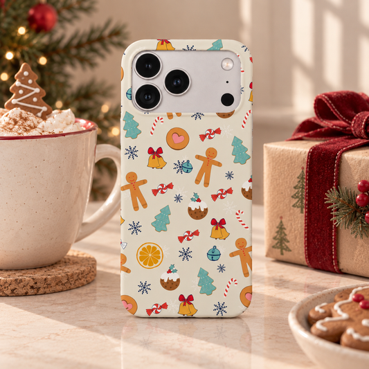 Christmas Treat phone case with hand-drawn gingerbread men, Christmas puddings, candy canes and festive illustrations on a cream background.