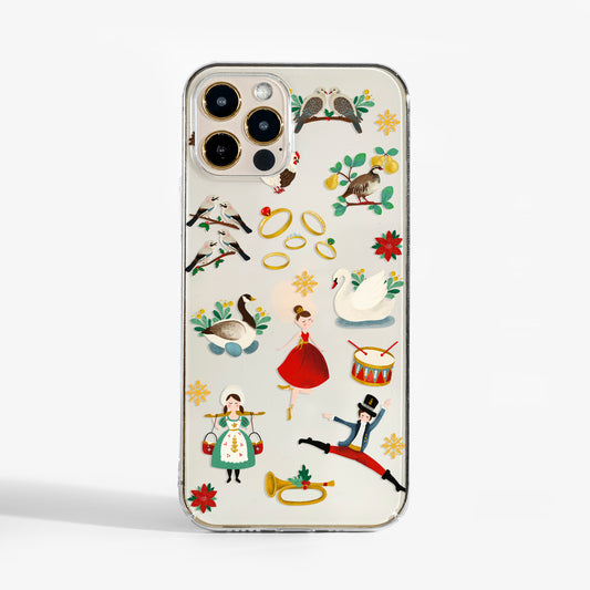 Clear Christmas phone case with 12 Days of Christmas illustrated festive design on transparent background