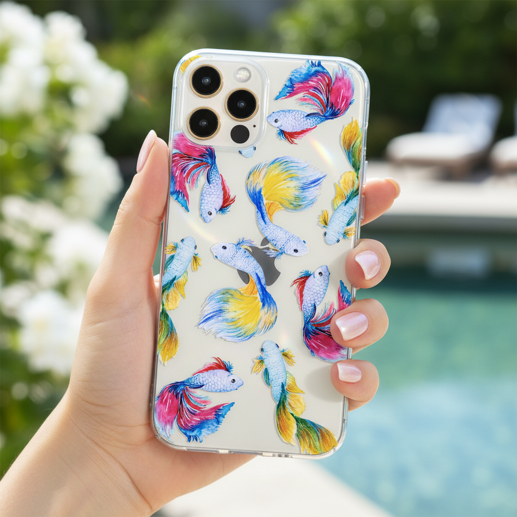 Woman holding clear betta fish phone case showing colourful tropical aesthetic