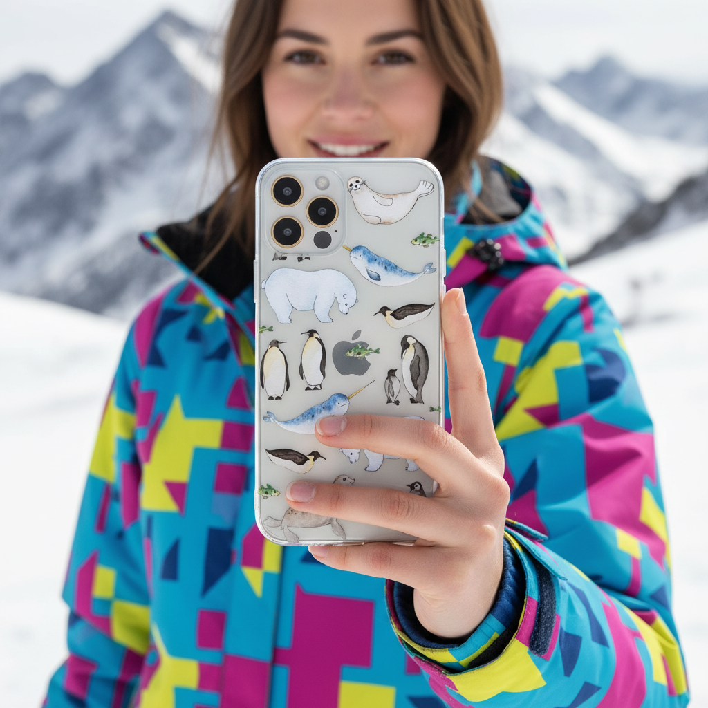 a woman taking a selfie with our Arctic animals clear phone case 